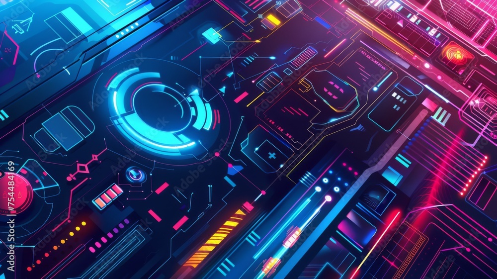 Vibrant futuristic circuit board pattern artwork - This image features a complex and colorful representation of a futuristic circuit board with various digital elements and patterns