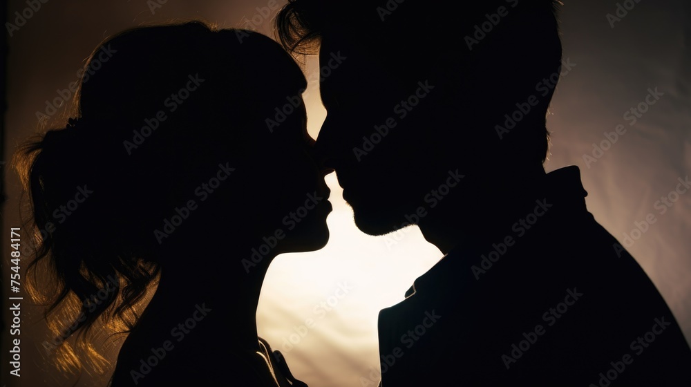 Romantic silhouette of a man and woman kissing. Perfect for love and relationships concept