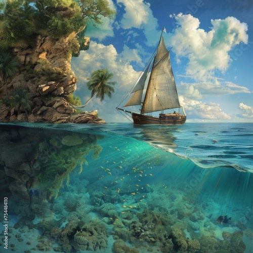 Tranquil Sailboat on Clear Ocean Waters - This serene image captures a sailboat gliding over crystal-clear waters with a vibrant coral reef visible below