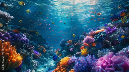 Underwater paradise with fish and corals - An immersive view of a rich, vibrant underwater scape teeming with fish life among vividly colored corals © Mickey