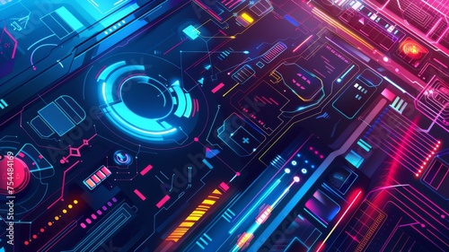 Vibrant futuristic circuit board pattern artwork - This image features a complex and colorful representation of a futuristic circuit board with various digital elements and patterns