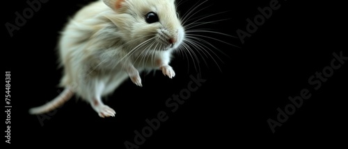  a close up of a white rat on a black background with a blurry image of it's face.