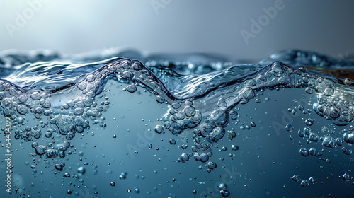 Agua en estado líquido, azul transparente, foto donde se muestra mitad llena, burbujas, gotas representación para el día del agua, evento, celebración, recurso natural saludable, hidratación bienestar photo
