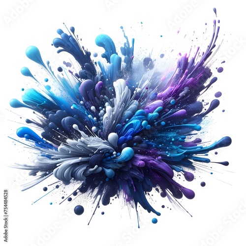 An explosive burst of blue and purple paint splatters creates a dynamic and vivid 3D composition, resembling a vibrant floral display or an underwater coral bloom.