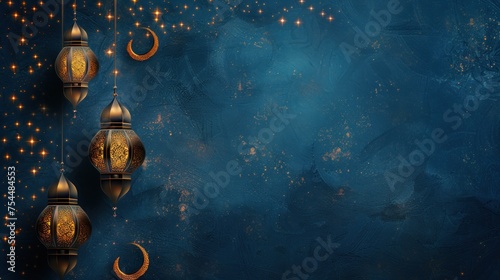 Islamic Background With Navy and Gold Tones and Copy Space