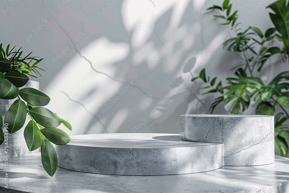 white product display podium with nature shadow and leaves in white background. 3D rendering. Ai Generative white product display podium with nature shadow and leaves in white background. 3D rendering. Ai Generative