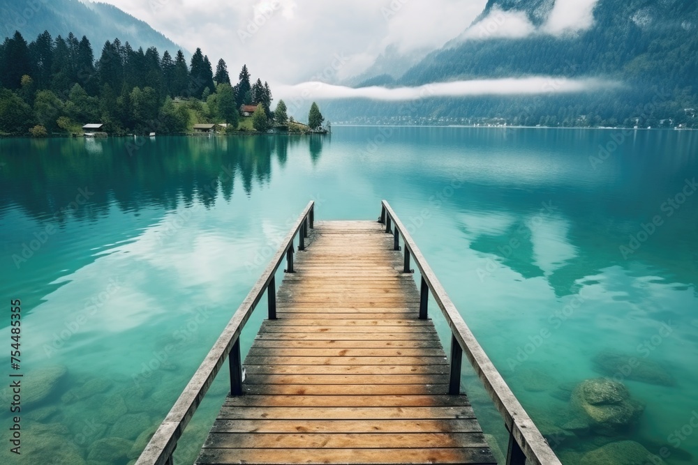 A scenic view of a wooden dock extending into a serene lake with majestic mountains in the background. Perfect for nature and travel concepts