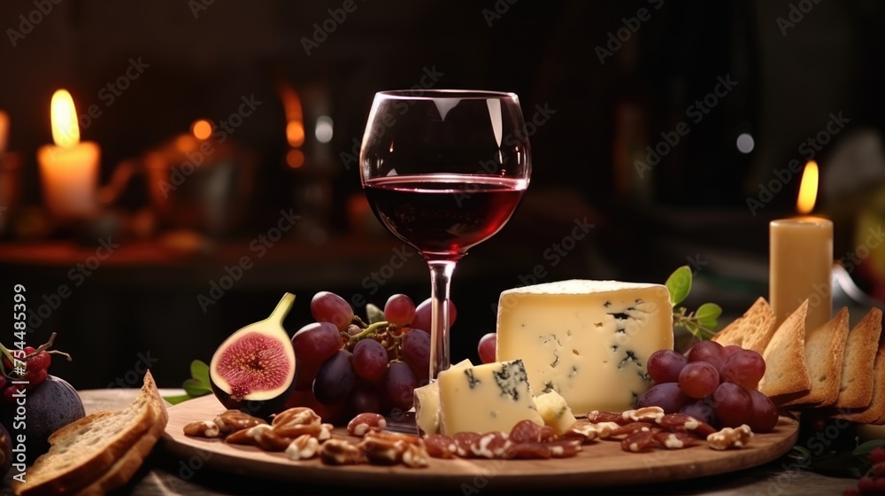 A plate of cheese, grapes, nuts, and a glass of wine. Perfect for wine tasting events
