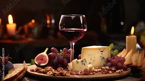A plate of cheese, grapes, nuts, and a glass of wine. Perfect for wine tasting events