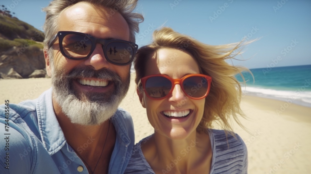 A man and woman capturing a moment on the beach. Suitable for travel and vacation concepts