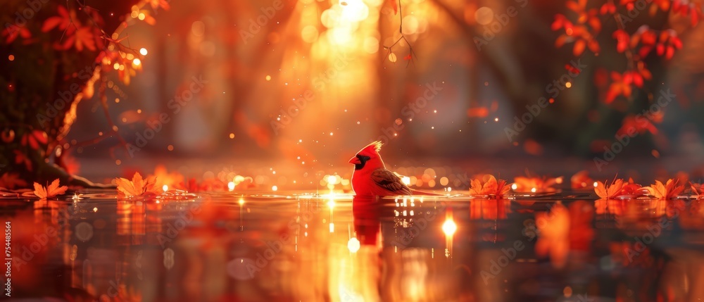 a red bird sitting on top of a body of water next to a forest filled with lots of red leaves. a red bird sitting on top of a body of water next to a forest filled with lots of red leaves.