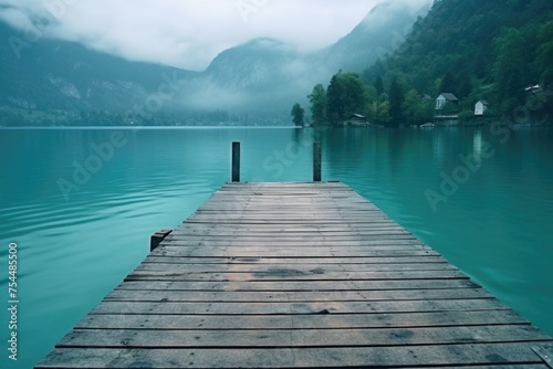 A peaceful dock on a serene lake with majestic mountains in the background. Suitable for travel and nature concepts