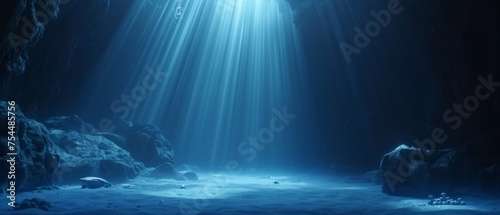  an underwater scene of a cave with light coming from the ceiling and blue water with rocks and pebbles on the bottom of the cave.