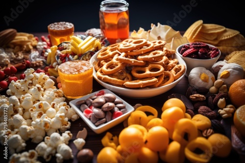 A variety of snacks and treats displayed on a table. Suitable for food and beverage concepts