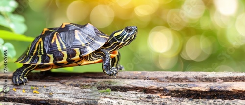  a close up of a turtle on a tree branch with a blurry background of grass and trees in the background.
