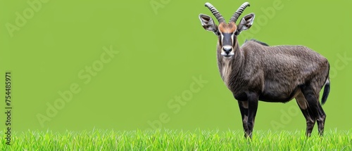  a close up of a goat standing in a field of grass with its head turned to the side and looking at the camera.