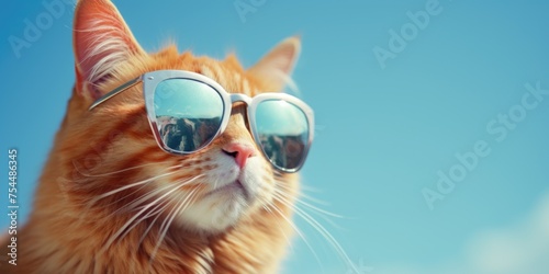 An orange cat wearing sunglasses on a sunny day. Perfect for summer-themed designs