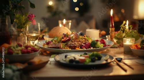 A cozy dinner setting with delicious food and lit candles  perfect for a romantic evening