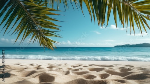 A peaceful palm tree on a sandy beach, perfect for tropical vacation concepts