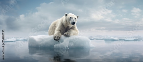 A polar bear is seated on the highest point of a massive iceberg, appearing relaxed and observant of its surroundings in the Arctic wilderness.