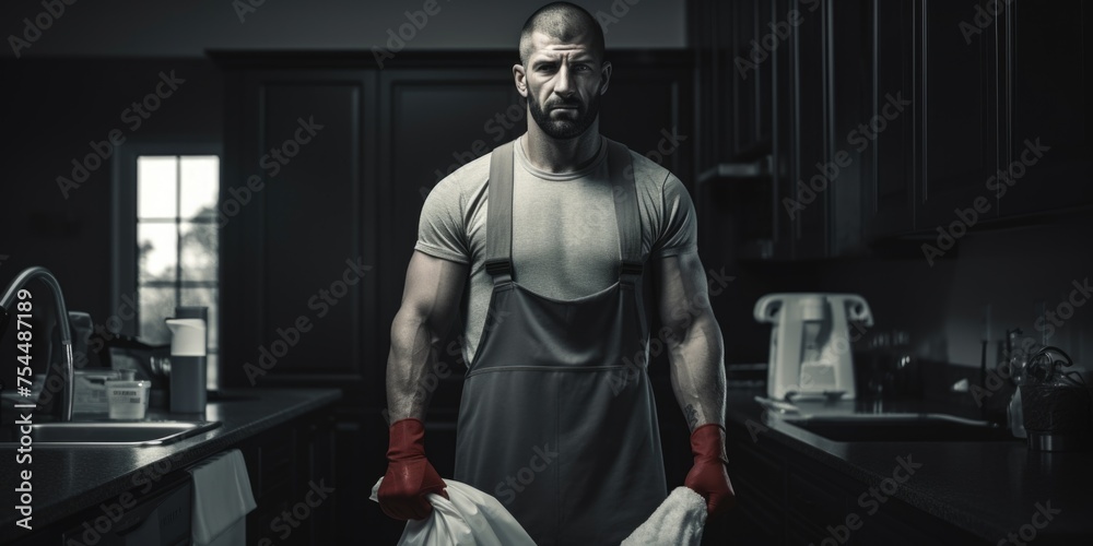 Obraz premium A man standing in a kitchen holding a pair of gloves. Suitable for lifestyle and cooking concepts