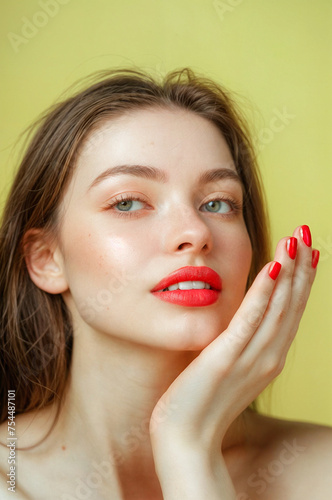 a woman showing her manicure  red fingernails  light yellow green background  close-up  refined technique  her hands on her cheeks  isolated  makeup and manicure  showing her elegant manicure
