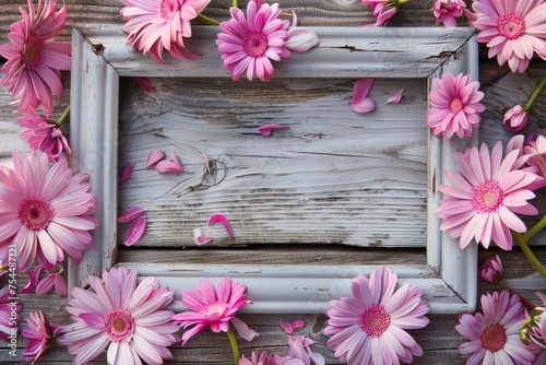 Picture frame surrounded by pink flowers on a wooden surface. Ideal for home decor and interior design projects