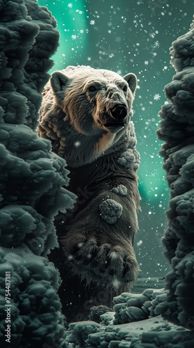 Majestic polar bear standing between ice formations under a vibrant aurora borealis, capturing the beauty and grandeur of Arctic wildlife in a mesmerizing, snowy landscape