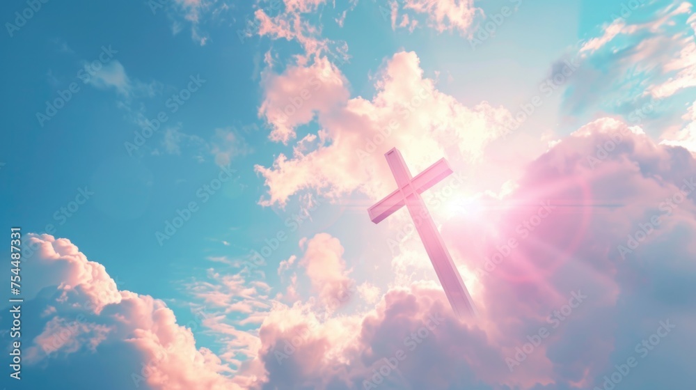 A striking image of a cross in the sky with dramatic clouds. Ideal for religious and spiritual concepts - obrazy, fototapety, plakaty 