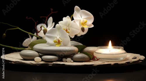 A candle and white flowers on a plate  suitable for home decor projects