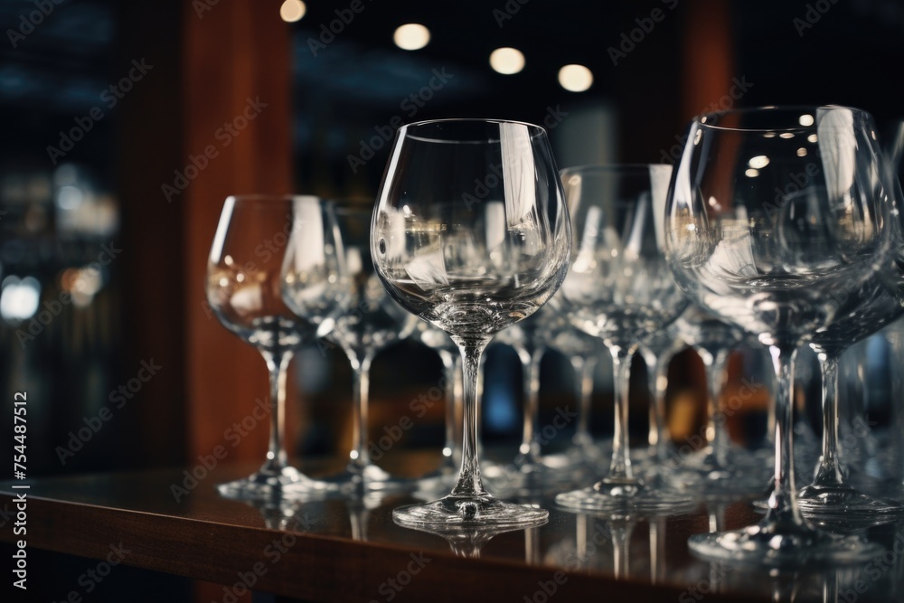 Wine glasses arranged on a table, ideal for restaurant or event concepts Wine glasses arranged on a table, ideal for restaurant or event concepts