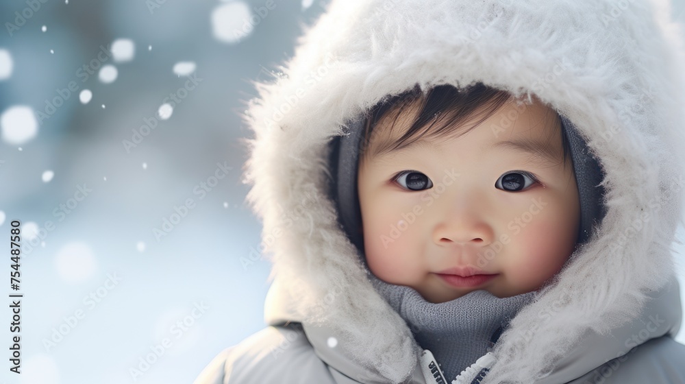 Close-up of an adorable Asian child with a smile on his face in winter clothes and a hood against the background of snowfall and snowdrifts Close-up of an adorable Asian child with a smile on his face in winter clothes and a hood against the background of snowfall and snowdrifts