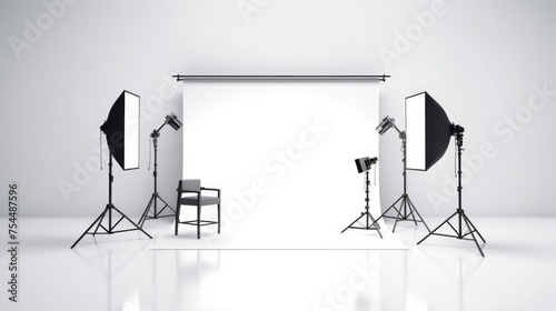 A photo studio setup with lighting equipment and a chair. Suitable for photography projects
