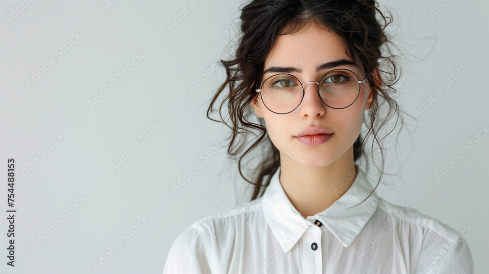 Head shot portrait of beautiful young businesswoman posing on grey wall studio background Head shot portrait of beautiful young businesswoman posing on grey wall studio background