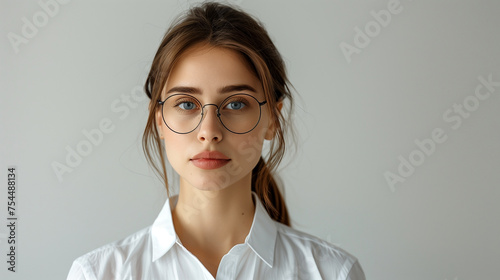 Head shot portrait of young businesswoman posing on grey wall studio background