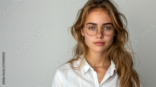 Head shot portrait of young businesswoman posing on grey wall studio background