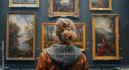 Woman Standing in Front of Paintings