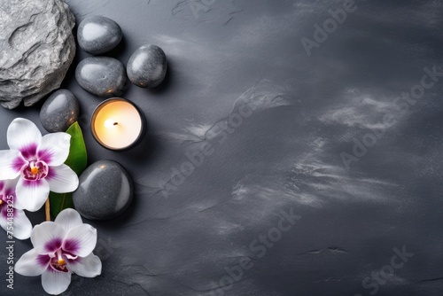 Spa concept with orchid flowers, stones, and a lit candle on a dark textured background. Serene Spa Setting with Orchids and Stones