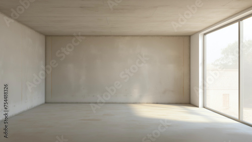 An empty concrete-walled room with an open floor-to-ceiling window along the exterior wall letting in natural daylight