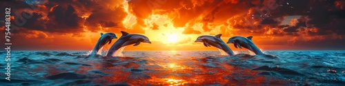 Dolphins jumping in sync from ocean water with dramatic sunset sky, vivid orange and red hues creating striking silhouettes