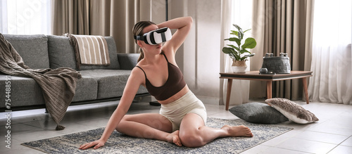 Workout fit vr,Fitness vr home ,VR fit.Girl doing fitness in VR glasses ,virtual reality exercise, immersive workout,VR sports,virtual gym,spatial computing, augmented reality helmet, AR headset