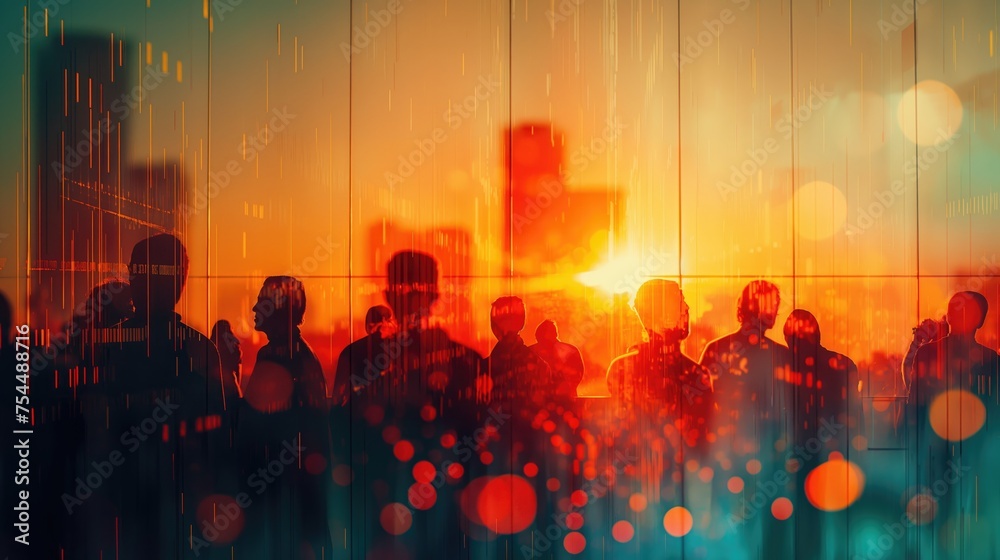 silhouetted businessmen stand before a glass window, looking out at a city's skyline bathed in the warm hues of sunset.