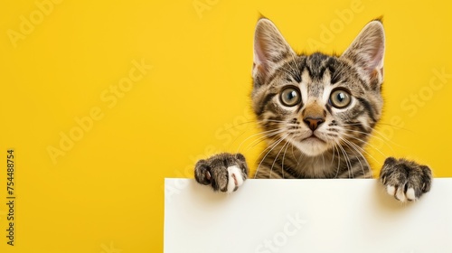 a cute tabby cat, its big eyes gleaming, as it holds a white sign, all set against a lively yellow background