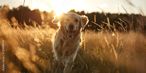 Retriever dourado correndo em campo gramado capturado em close com luz natural suave realçando sua pelagem photo