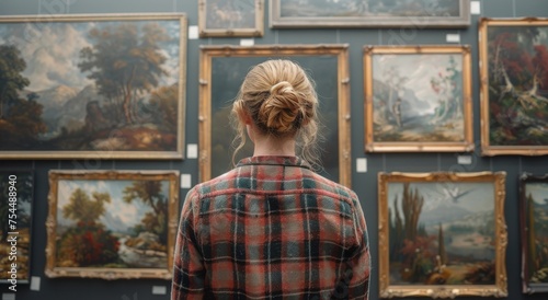 Woman Standing in Front of Paintings