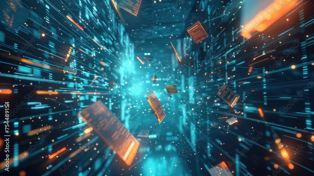 Dynamic visualization of a data breach, with digital files scattering in a rush of light within a 3D representation of cyberspace.
