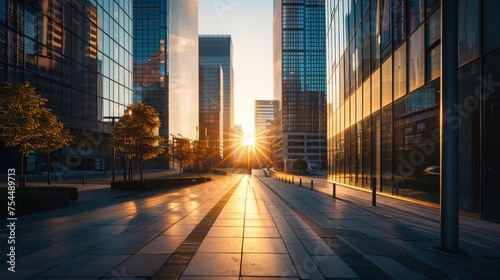 A serene early morning business district scene, devoid of people but showcasing modern skyscrapers with the sun rising behind them, reflecting off the glass facades, creating a play of light and shado photo