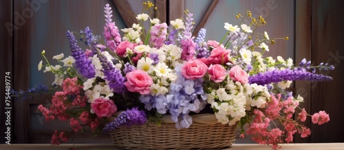 A wicker basket filled with a variety of colorful flowers is placed on a wooden table against rustic wood shutters.