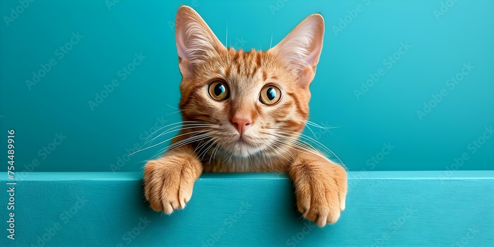 Playful animated cat waving against vibrant blue backdrop. Concept Animation of a playful cat waving against a vibrant blue backdrop, - obrazy, fototapety, plakaty 