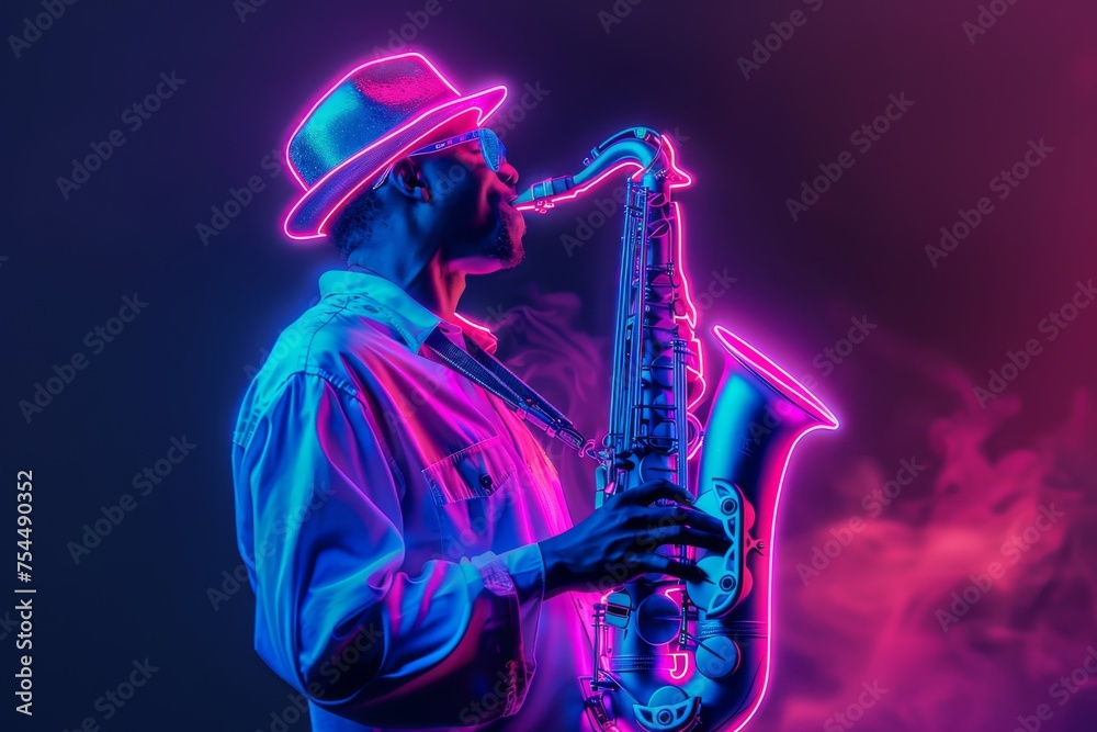Obraz premium Stylized image of a saxophonist enveloped in neon light, capturing the essence of jazz and urban music culture, ideal for modern musical themes and designs.
